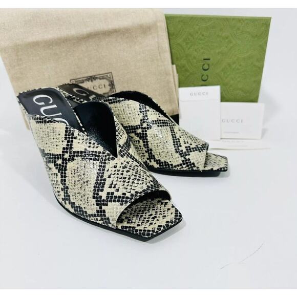 Gucci Python Beige Avana Peep Toe Slip On Heel Mules Sandal Size 37/ 7 NIB - Picture 5 of 11